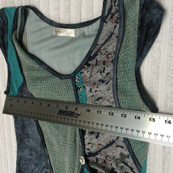 Forla Paris Women Asymmetric Dress Embellished Patchwork V-Neck Cap Sleeve Blue - Picture 7 of 10